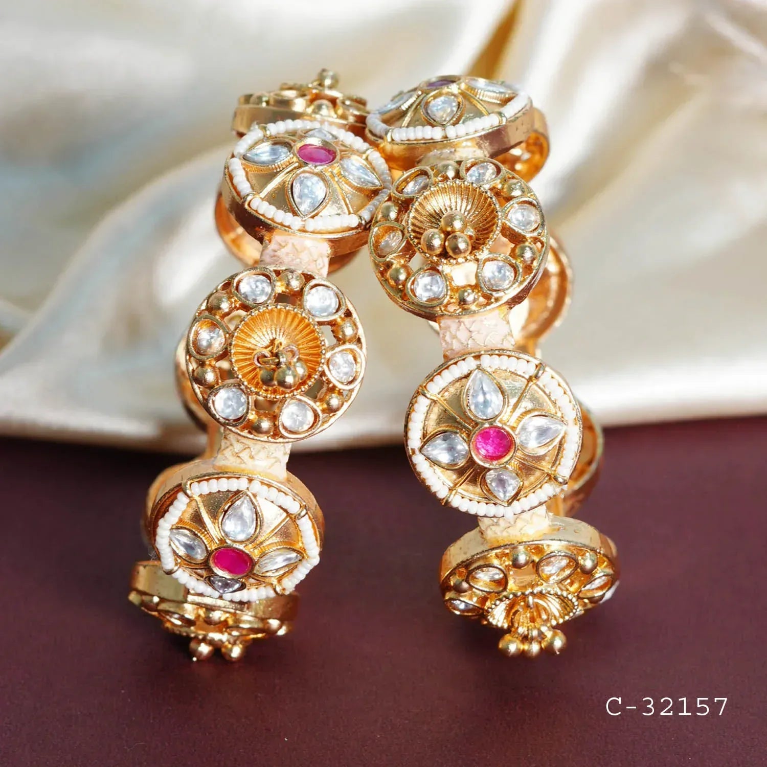 Stylish Rajwadi Design Brass Kada for Women – Pearl Studded Handcrafted Bracelet, Traditional Indian Jewelry - The Golden Cascade